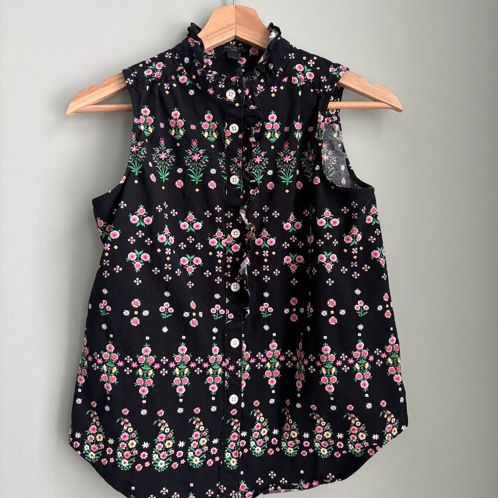 Ann Taylor Floral Sleeveless Button Front Ruffle Blouse_Black Pink_MP Petite